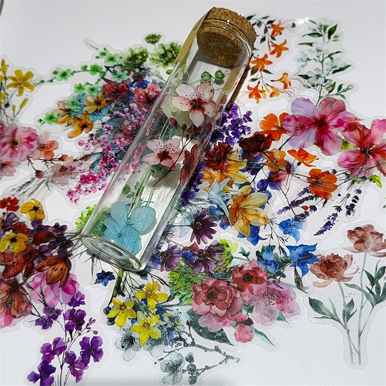 50 Pieces Natural Flower Themed Transparent Stickers for Scrapbooking, Self-Adhesive Scrapbooking Stickers Sup
