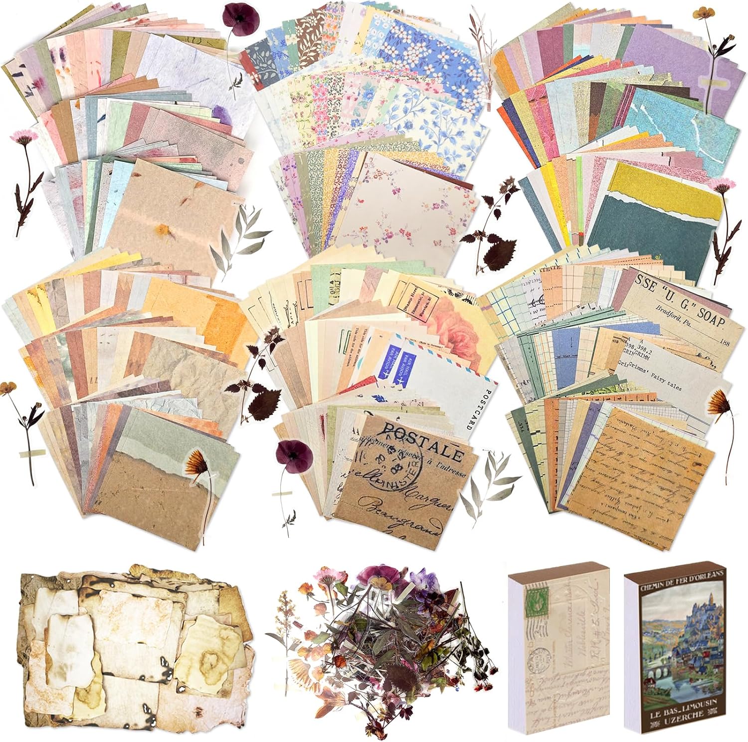565 Pcs Vintage Scrapbook Paper Kit, Scrapbook Paper Supplies with Flowers Stickers