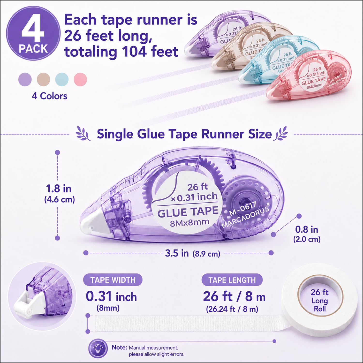 MARCADORUS Glue Tape for Scrapbooking, Double Sided Tape Roller 106Ft Total | 4-Pack_26Ft x 0.31In Tape Runner - view 2